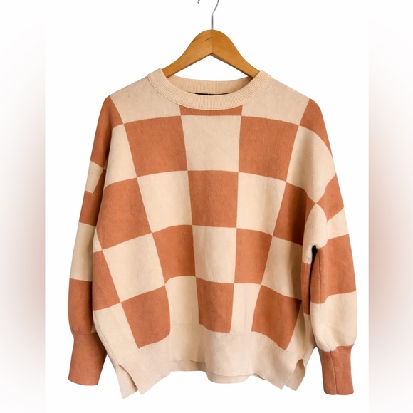 Checkered Academia Apricot Sweater M Preppy Batwing Side Slit - Picture 2 of 4